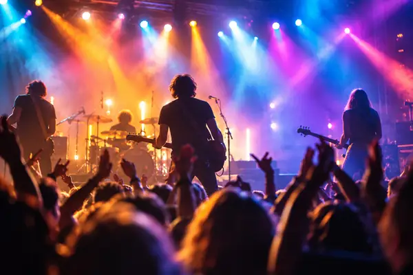 Bunte Bühnenlichter über einem Live-Musikauftritt, aufgenommen wie ein Standbild aus einem Konzertvideo.