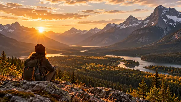 Weites Bergtal zur goldenen Stunde, aufgenommen wie ein Standbild aus einem Reisevideo.